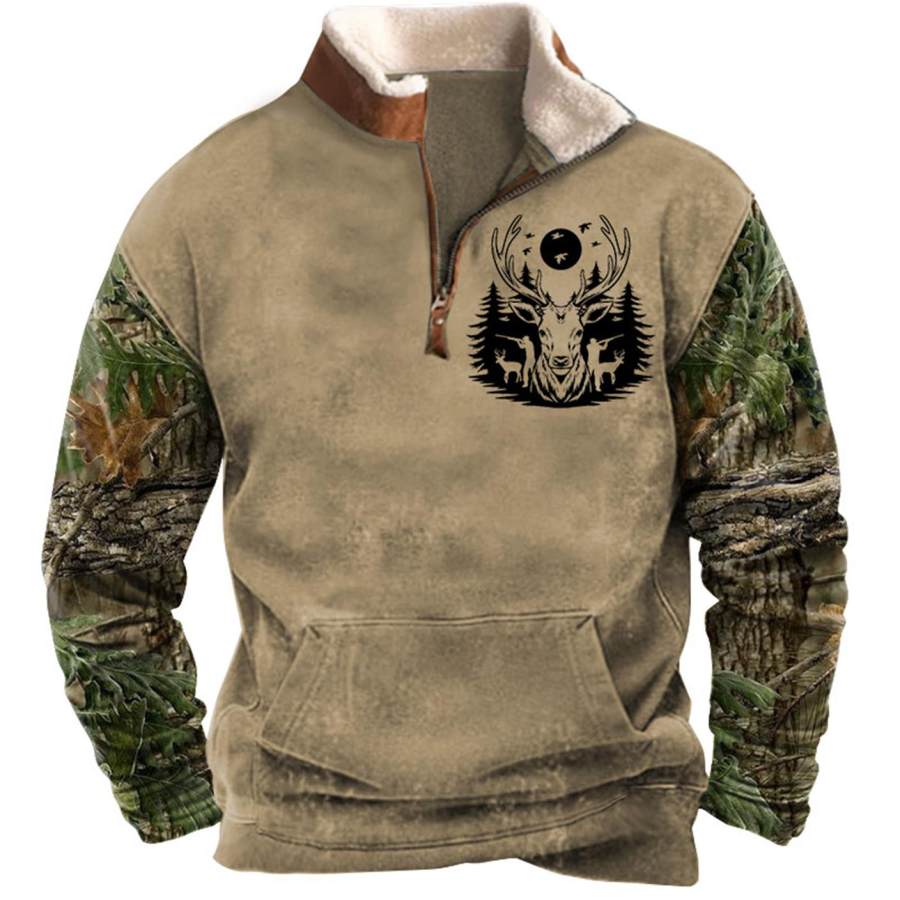 

Men's Sweatshirt Quarter Zip Hunting Deer Branch Plush Collar Vintage Daily Tops