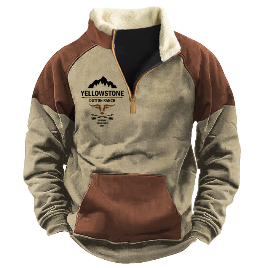 

Sweat-shirt Vintage Yellowstone Pour Hommes Col En Peluche Col Montant Couleur Contrastée Hauts Quotidiens