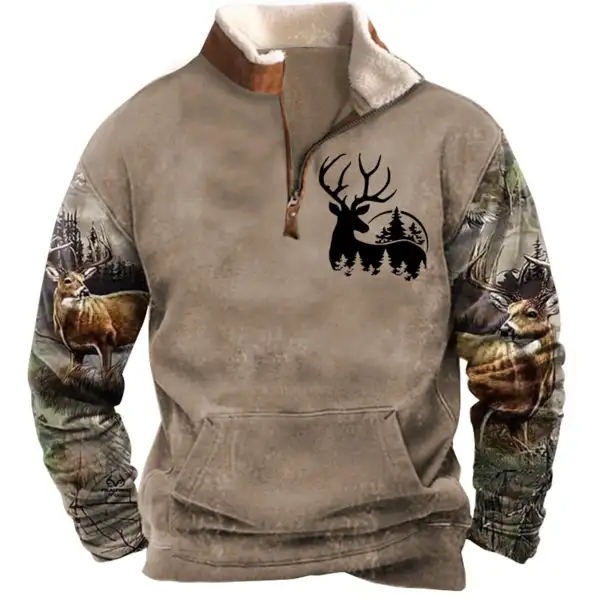 Men's Sweatshirt Quarter Zip Hunting Deer Plush Collar Vintage Daily Tops - Cotosen.com