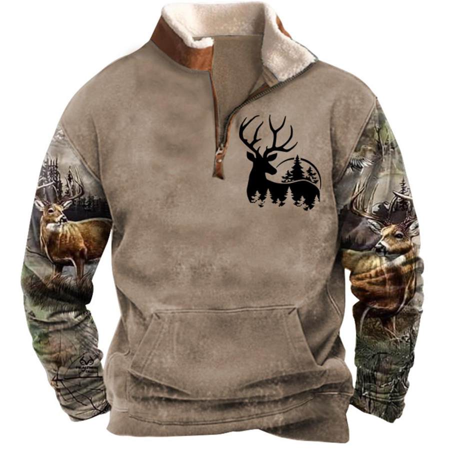 

Men's Sweatshirt Quarter Zip Hunting Deer Plush Collar Vintage Daily Tops