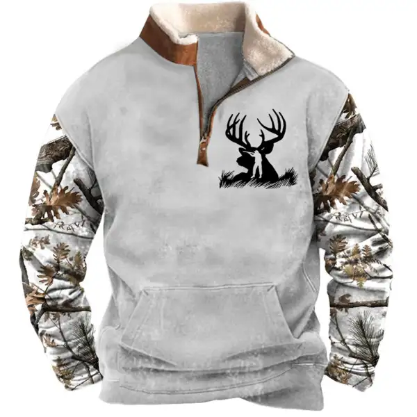 Men's Sweatshirt Quarter Zip Hunting Deer Branch Plush Collar Vintage Daily Tops - Blaroken.com 