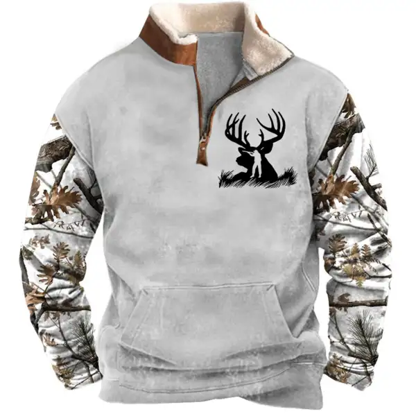 Men's Sweatshirt Quarter Zip Hunting Deer Branch Plush Collar Vintage Daily Tops - Cotosen.com
