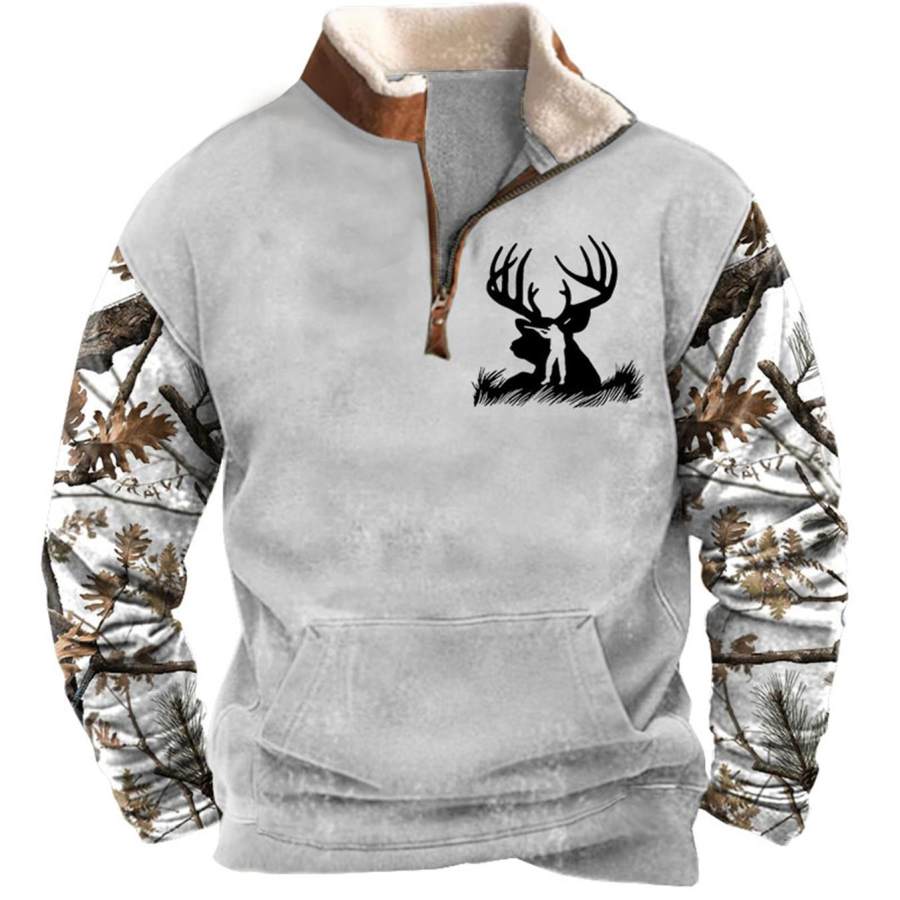 

Men's Sweatshirt Quarter Zip Hunting Deer Branch Plush Collar Vintage Daily Tops