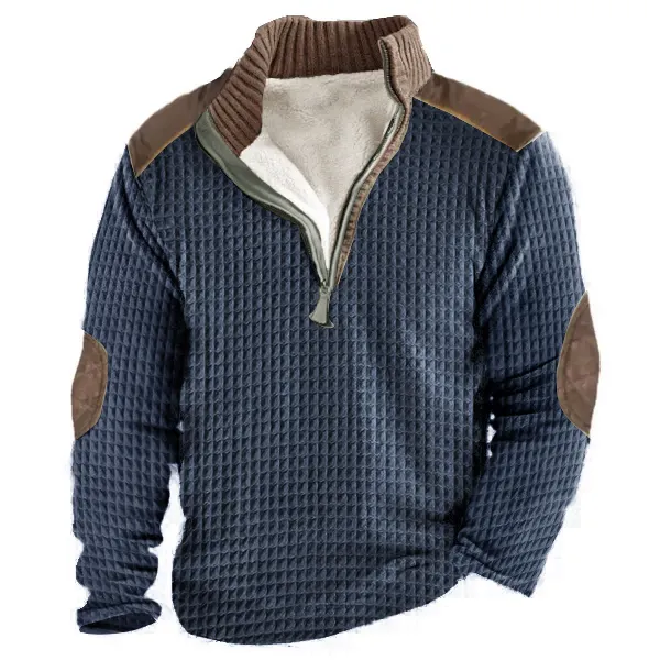 Men's Thick Fleece Elbow Patche Waffle 1/4 Zip Sweatshirt Casual Outdoor Stand Collar Tactical Top - Cotosen.com