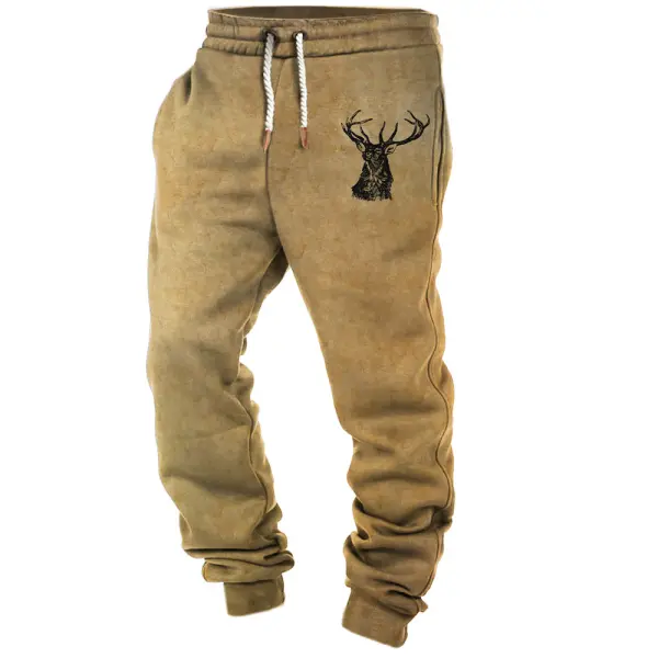 Men's Retro Elk Print Pocket Casual Sports Elastic Waist Pants - Blaroken.com 