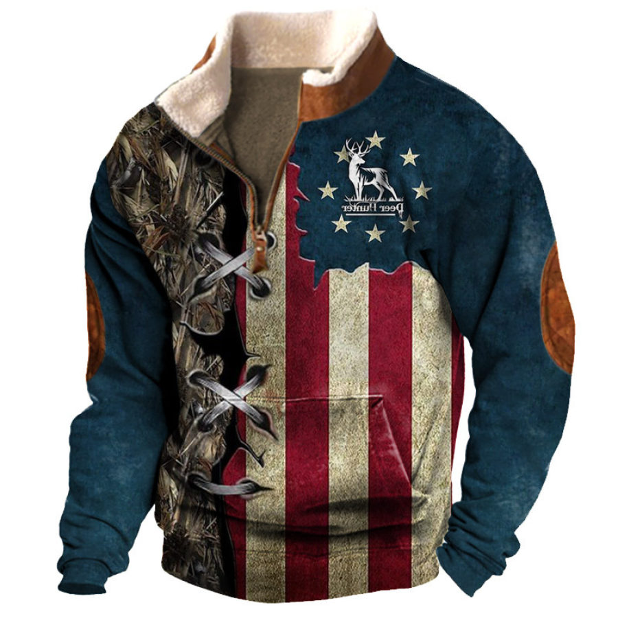 

Sudadera Con Cuello Semiabierto De Forro Polar Con Bloques De Colores Para Hombre Estampado Vintage De Alces De Caza Con Bandera Americana