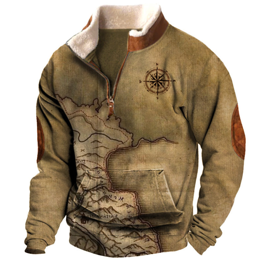 

Men's Colorblocked Fleece Half-open Collar Sweatshirt With Retro Nautical Map Print