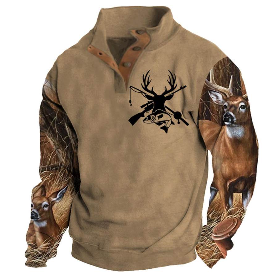 

Sudadera Para Hombre Caza Ciervos Pesca Botones Cuello Alto Bloque De Color Tops Diarios