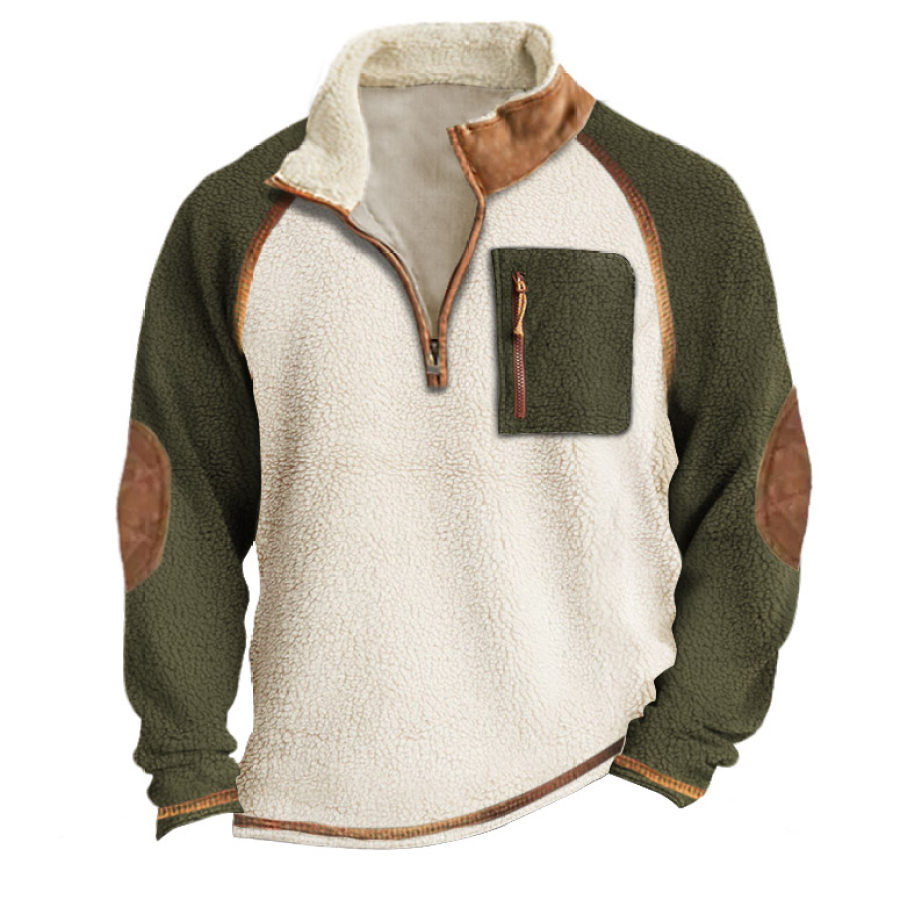 

Sudadera De Hombre Vintage De Lana Con Cremallera De Un Cuarto Y Parches En Los Codos Cuello Levantado De Felpa Bolsillo Cálido Bloques De Color Tops Diarios