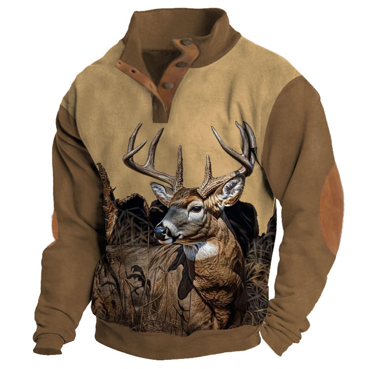Men's Sweatshirt Hunting Deer Buttons Stand Collar Color Block Daily Tops
