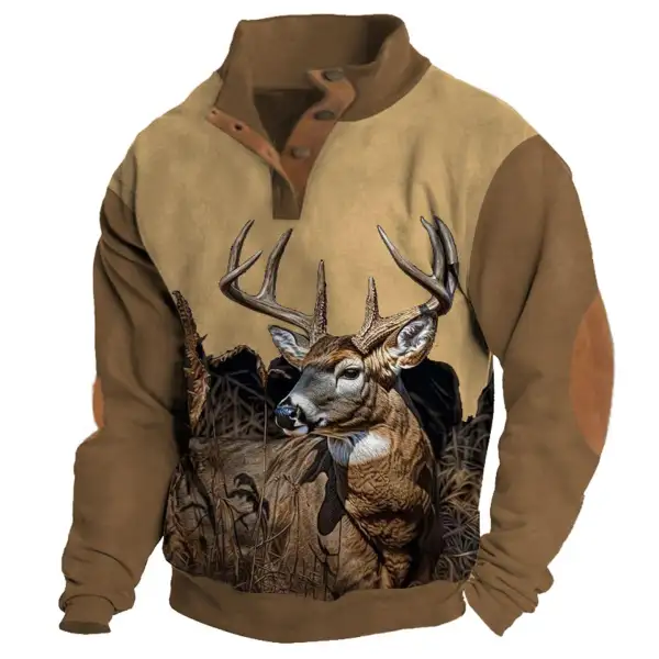Men's Sweatshirt Hunting Deer Buttons Stand Collar Color Block Daily Tops - Cotosen.com