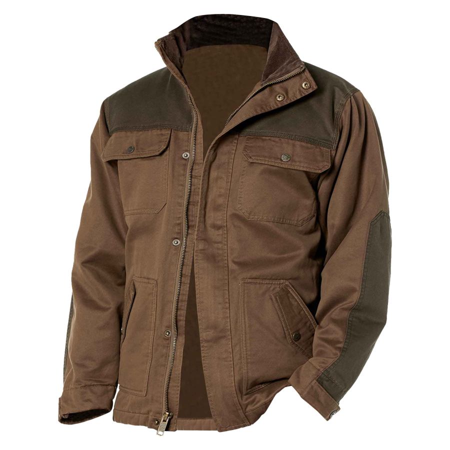 

Herren-Vintage-Outdoor-Jacke Mit Mehreren Taschen Und Farbblock-Stehkragen