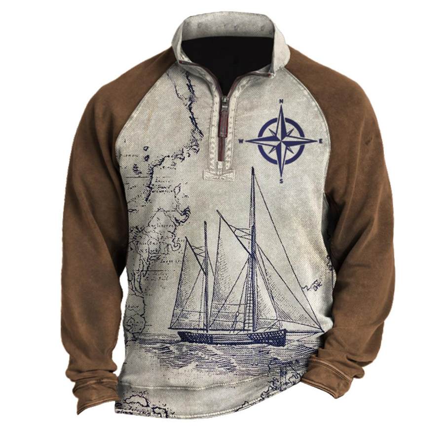 

Men's Sweatshirt Vintage Nautical Sailing Ship Compass Quarter Zip Stand Collar Color Block Daily Tops