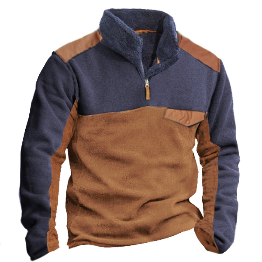 

Sweat-shirt Polaire à Col Henley Pour Hommes Sweat-shirt D'extérieur Rétro Couleur Contrastée Poche D'épissure Pull Tactique Chaud