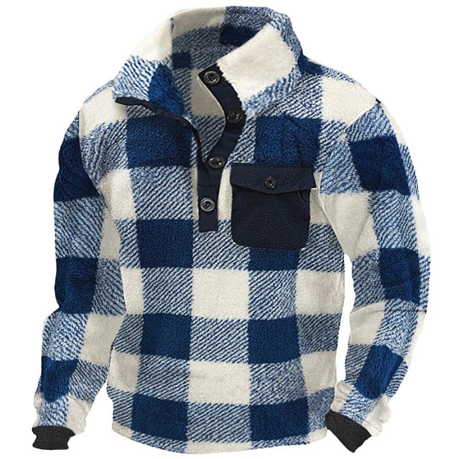 

Henley Sherpa-Sweatshirt Für Herren Blau Stehkragen Kariert Tasche Sport Und Outdoor Alltag Urlaub Streetwear Freizeit Herbst Und Winter