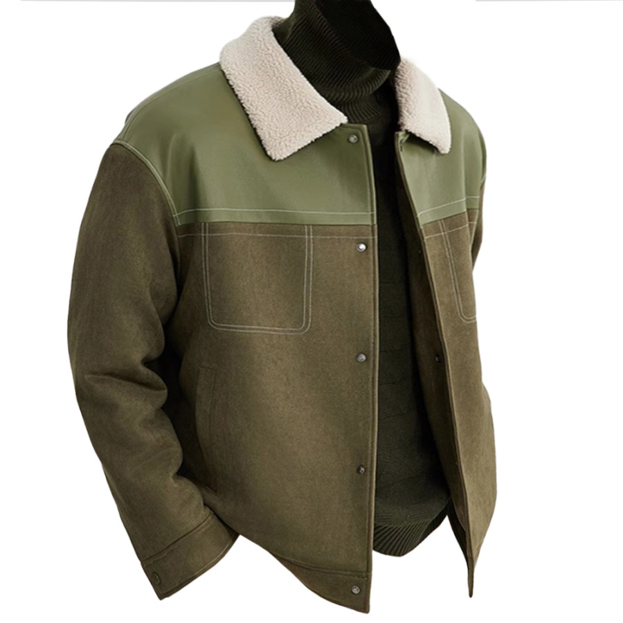 

Men's Retro Deerskin Contrast Stitching Casual Fleece Lapel Jacket