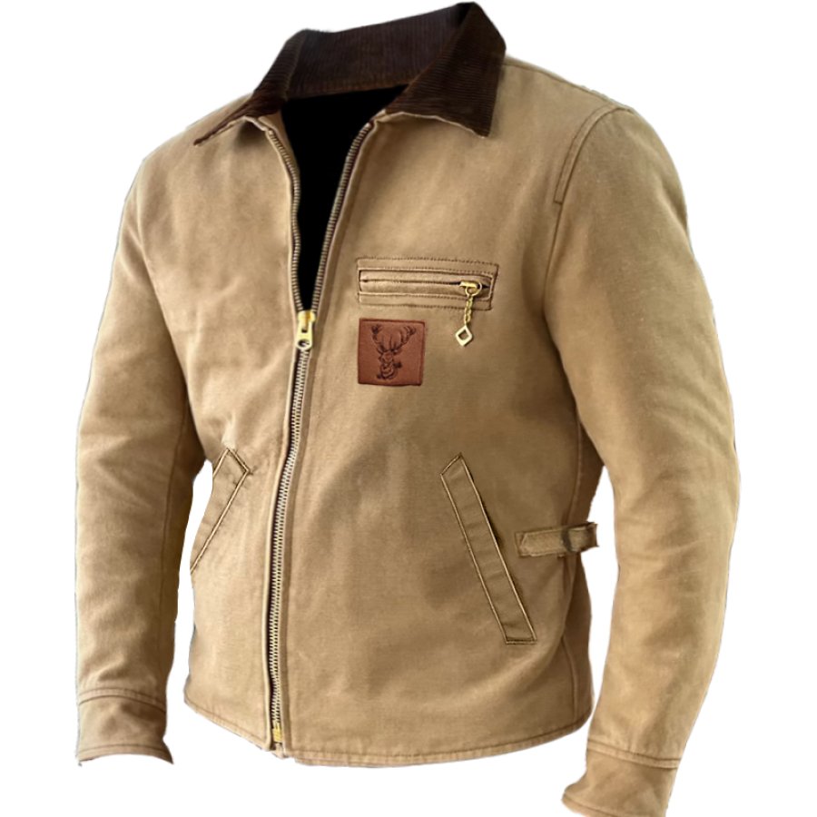 

Chaqueta Al Aire Libre De La Capa Del Cargo De Las Hebillas Y Del Cinturón De La Cremallera De La Etiqueta Bordada Retro Del Alce De Los Hombres