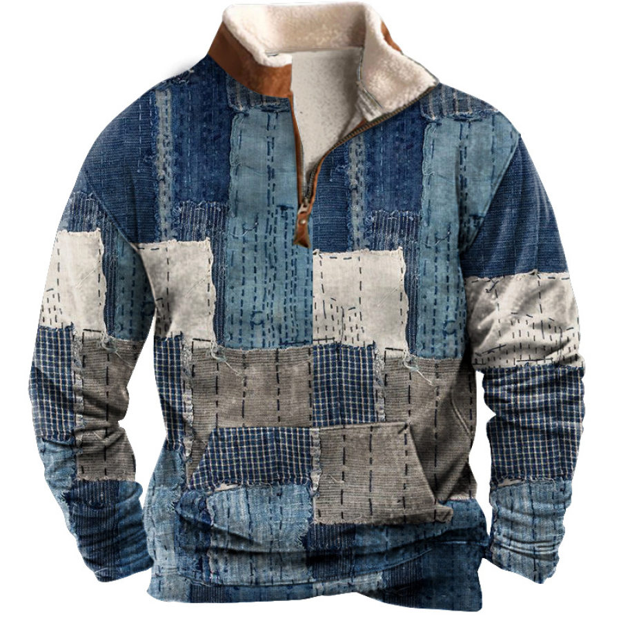 

Sudadera Con Cuello Levantado Y Media Cremallera Vintage Para Hombre Con Estampado Boro Y Diseño De Patchwork