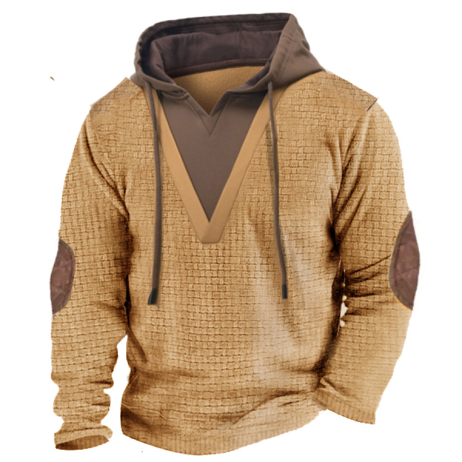 

Elbow Patches Herren Fleece-gefütterter Kapuzenpullover Mit V-Ausschnitt Waffel-Sweatshirt Outdoor Lässig Farbblock Dick Taktischer Pullover