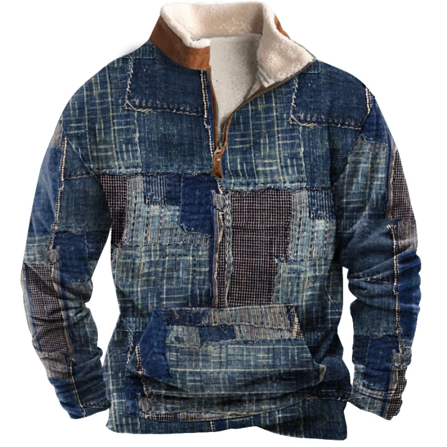 

Patchwork Design Boro Print Men Vintage Half-Zip Stand Collar Sweatshirt