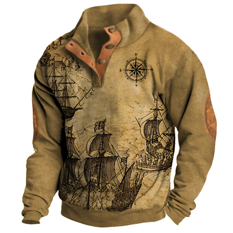 

Sudadera Con Cuello Dividido Y Bloques De Color Con Estampado De Barco Náutico Vintage Para Hombre