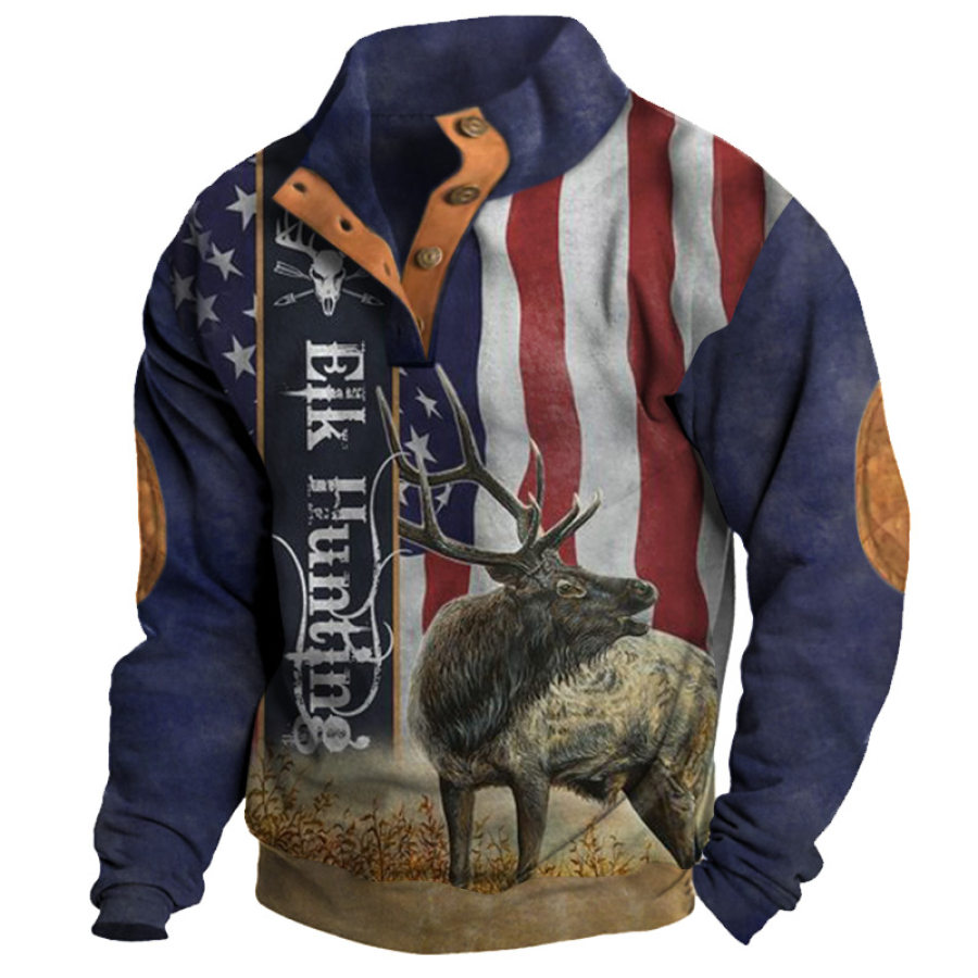 

Sudadera Con Cuello Dividido Y Bloques De Color Con Estampado De Alces Y Bandera Americana Vintage Para Hombre
