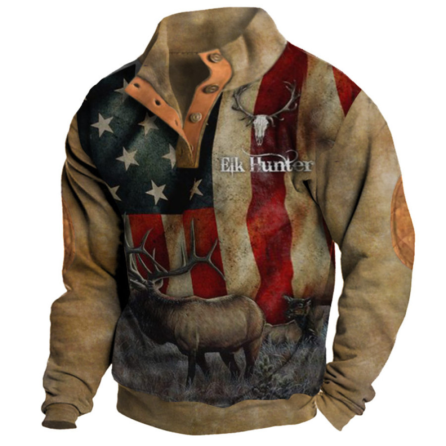 

Herren-Sweatshirt Im Vintage-Stil Mit Amerikanischer Flagge Und Elchdruck Farbblock-Sweatshirt Mit Geteiltem Kragen