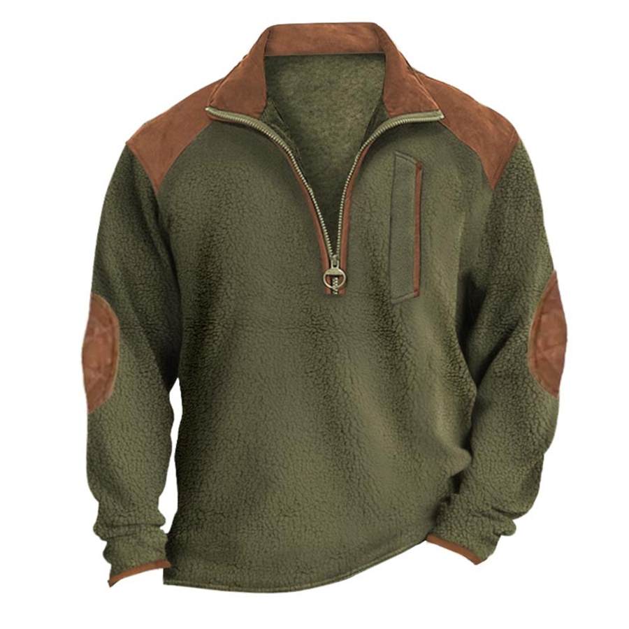 

Herren-Sweatshirt Vintage-Fleece Viertelreißverschluss Tasche Stehkragen Warm Farbblock Ellenbogen-Patches Tägliche Oberteile