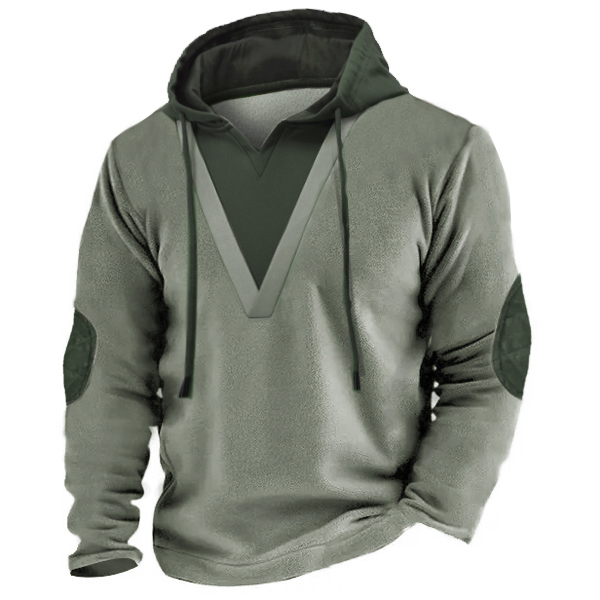 Elbow Patches Men's V Neck Thick Hoodie Sweatshirt Outdoor Color Block Tactical Woolen Pullover