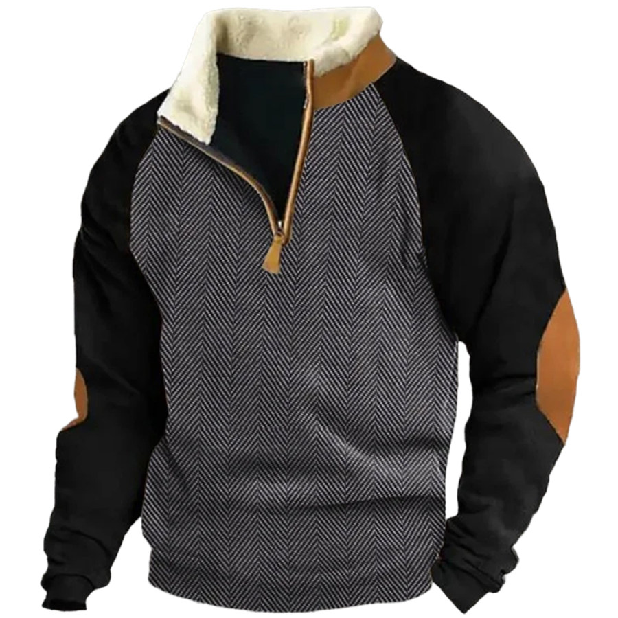 

Herren Retro Western Hills Kontrastfarbe Splicing Print Reißverschluss Fleece Revers Casual Sweatshirt