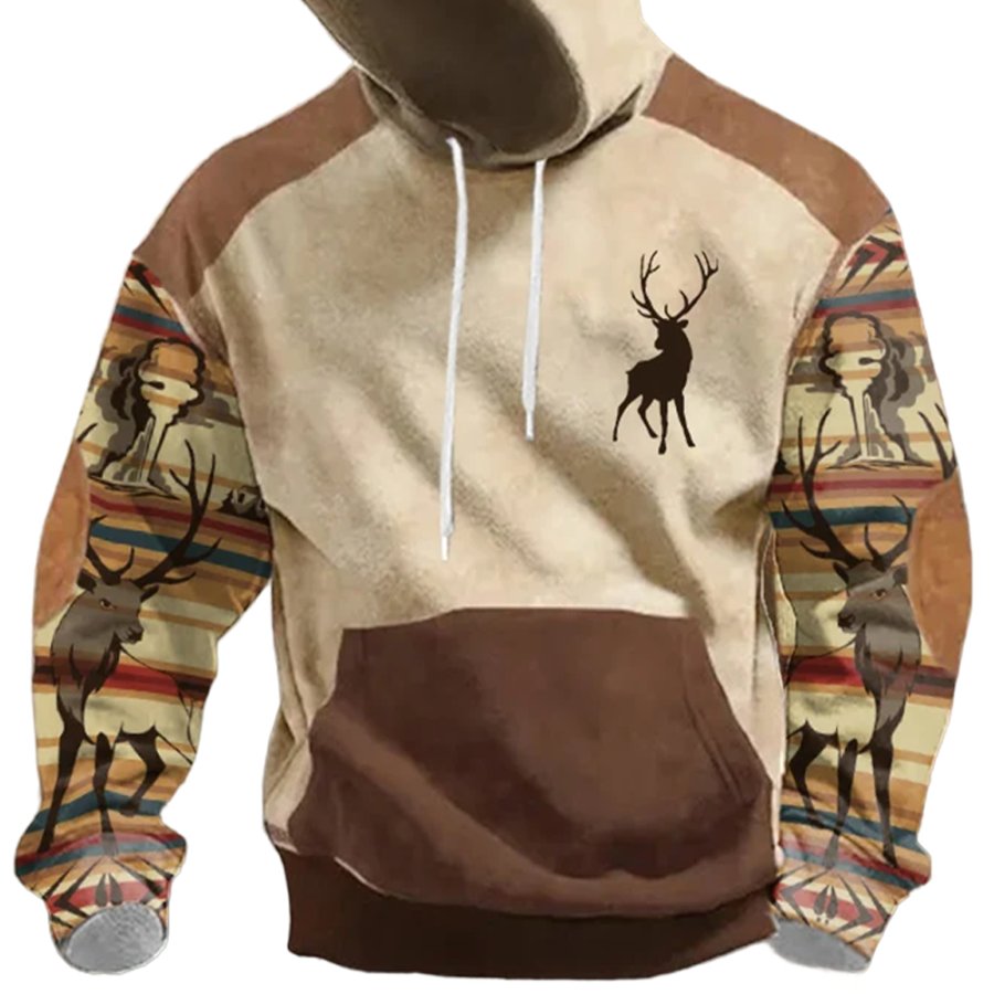 

Sweat-shirt Décontracté à Capuche Et Poche Pour Hommes Vintage Western Elk Imprimé