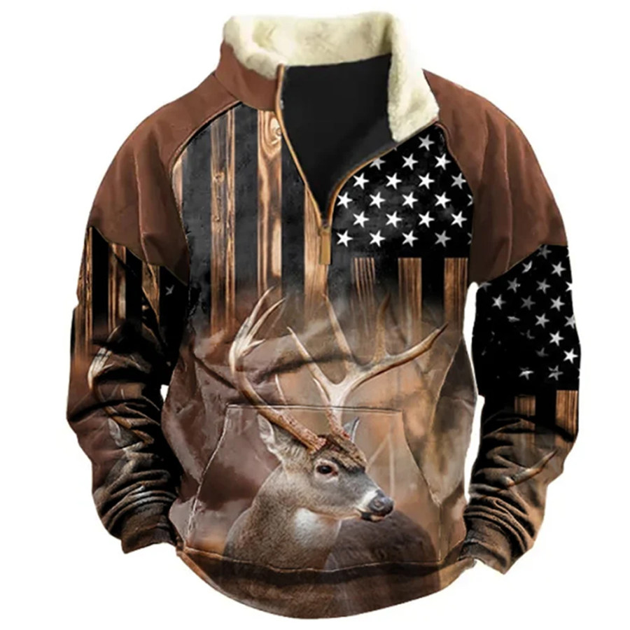 

Men's Vintage American Flag Western Elk Print Zip Fleece Lapel Casual Sweatshirt