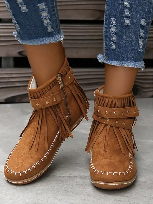 Women's Casual Tassel Boots Flat Buckle Martin Boots Retro Knight Boots - Gethefashion.chimpone.com 