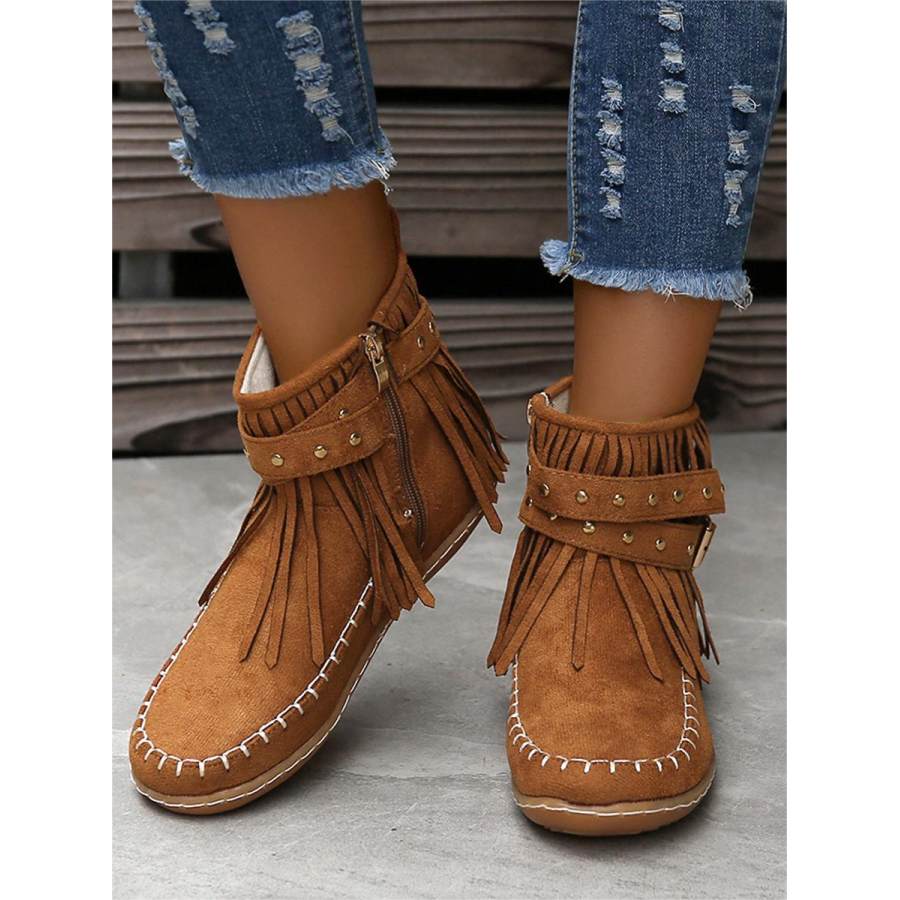 

Women's Casual Tassel Boots Flat Buckle Martin Boots Retro Knight Boots