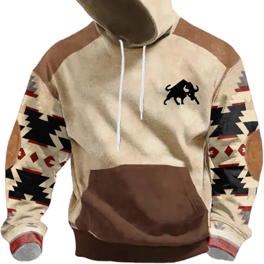 

Men's Retro Western Cow Ethnic Print Hooded Pocket Casual Sweatshirt