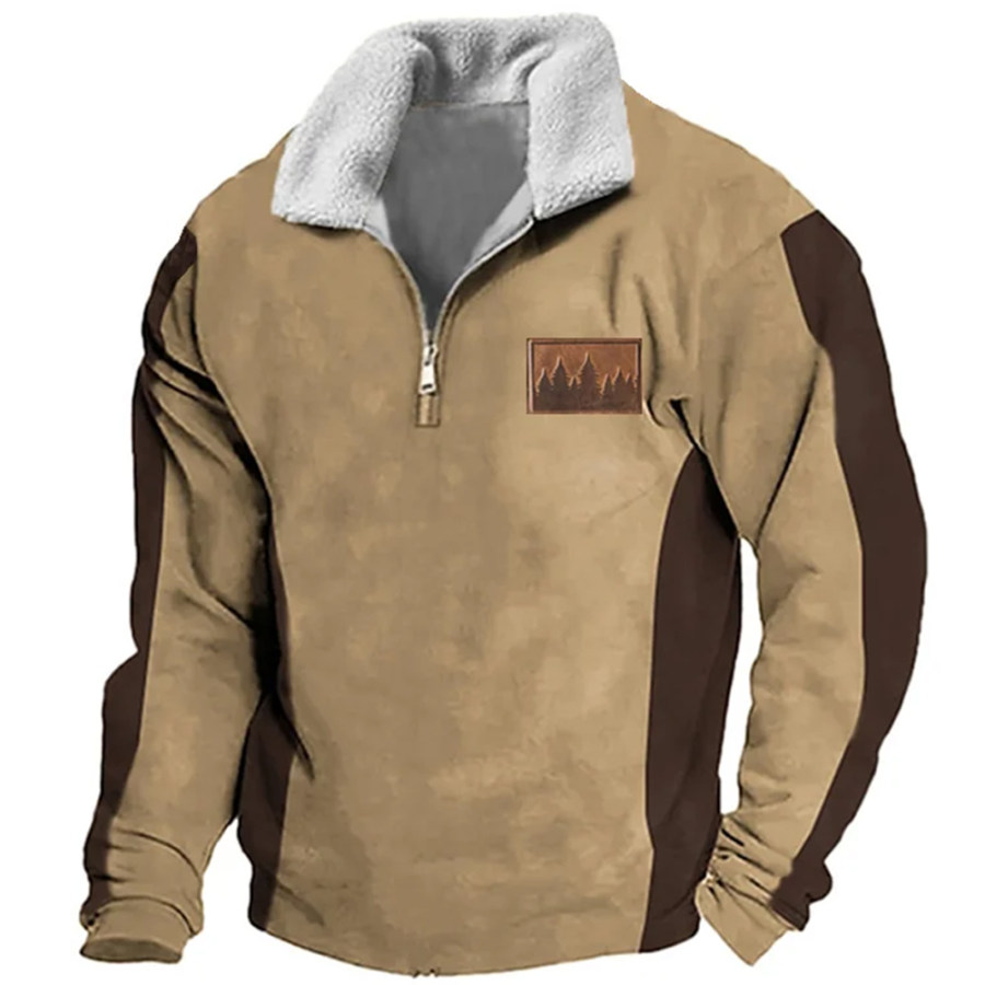 

Sudadera Casual Con Solapa De Forro Polar Con Cremallera Y Estampado De Empalme De Color En Contraste Retro Para Hombre