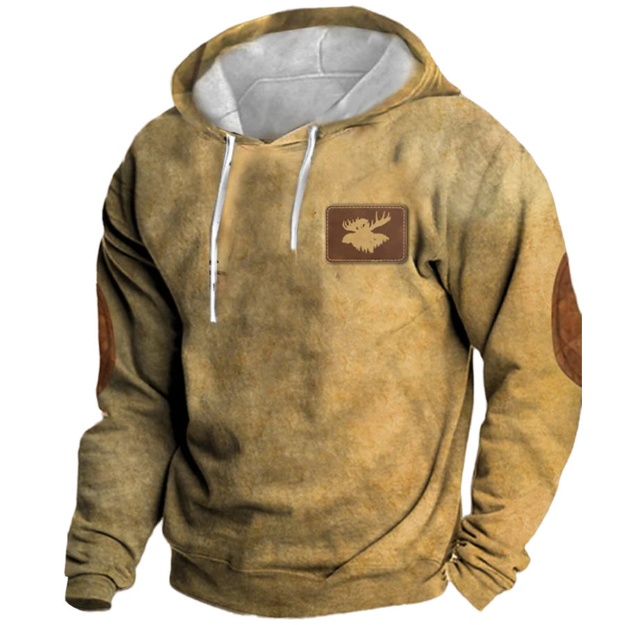 

Sweat-shirt Décontracté à Capuche Et Poche Pour Hommes Vintage Western Elk Imprimé