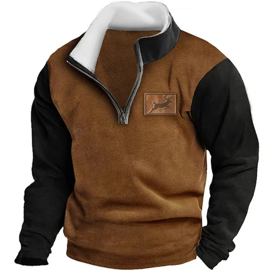 

Men's Retro Western Elk Print Zipper Stand Collar Casual Loose Sweatshirt