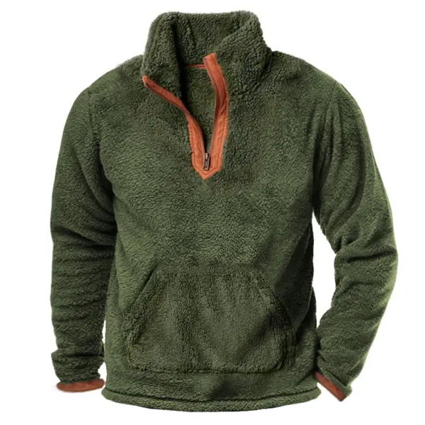 Men's Sweatshirt Vintage Fleece Quarter Zip Stand Collar Pocket Warm Color Block Daily Tops - Cotosen.com