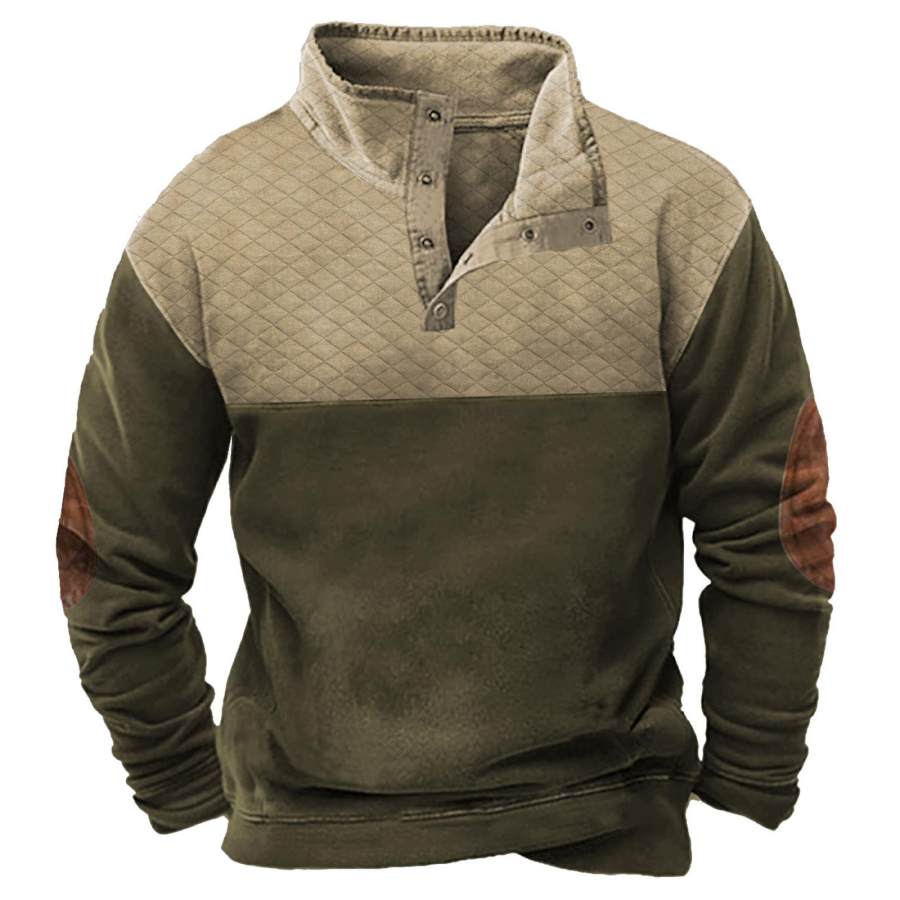 

Men's Sweatshirt Vintage Quilted Snap Stand Collar Elbow Patches Color Block Daily Tops