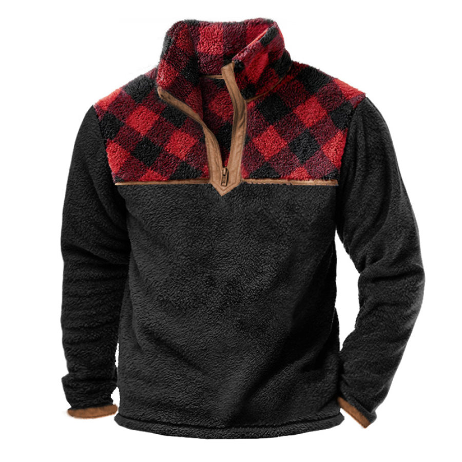 

Sweat-Shirt Homme Vintage Polaire Plaid Quart Zip Col Montant Chaud Bloc De Couleur Quotidien Hauts