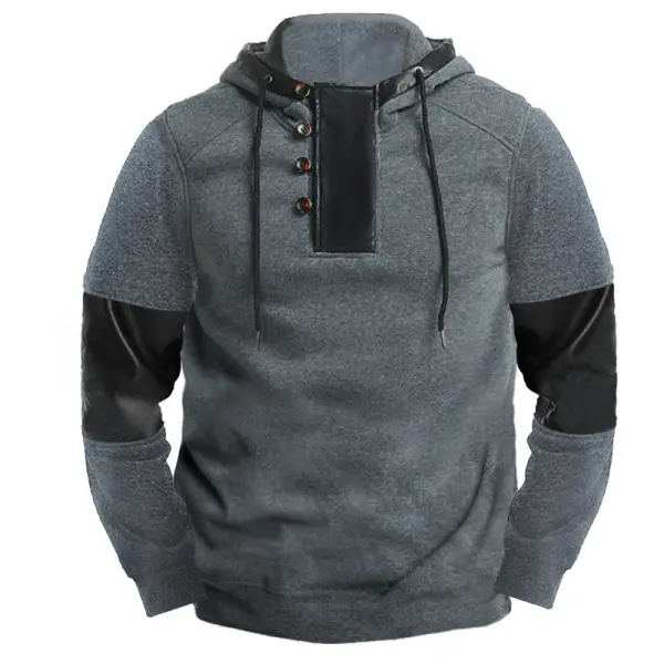 Men's Vintage Patchwork Leather Daily Long Sleeve Hoodie