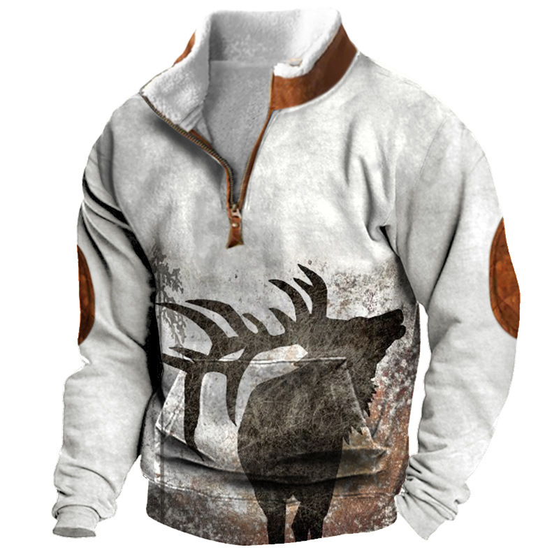 Men's Colorblock Fleece Half-Open Collar Sweatshirt Retro Jungle Elk Print