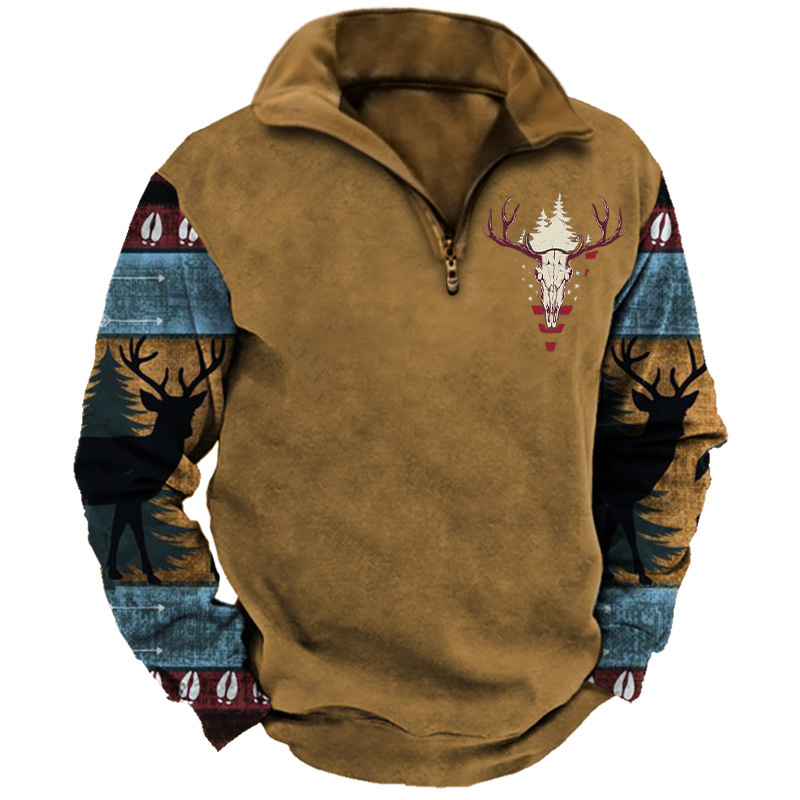Men's Vintage Jungle Elk Print Lapel Casual Sweatshirt