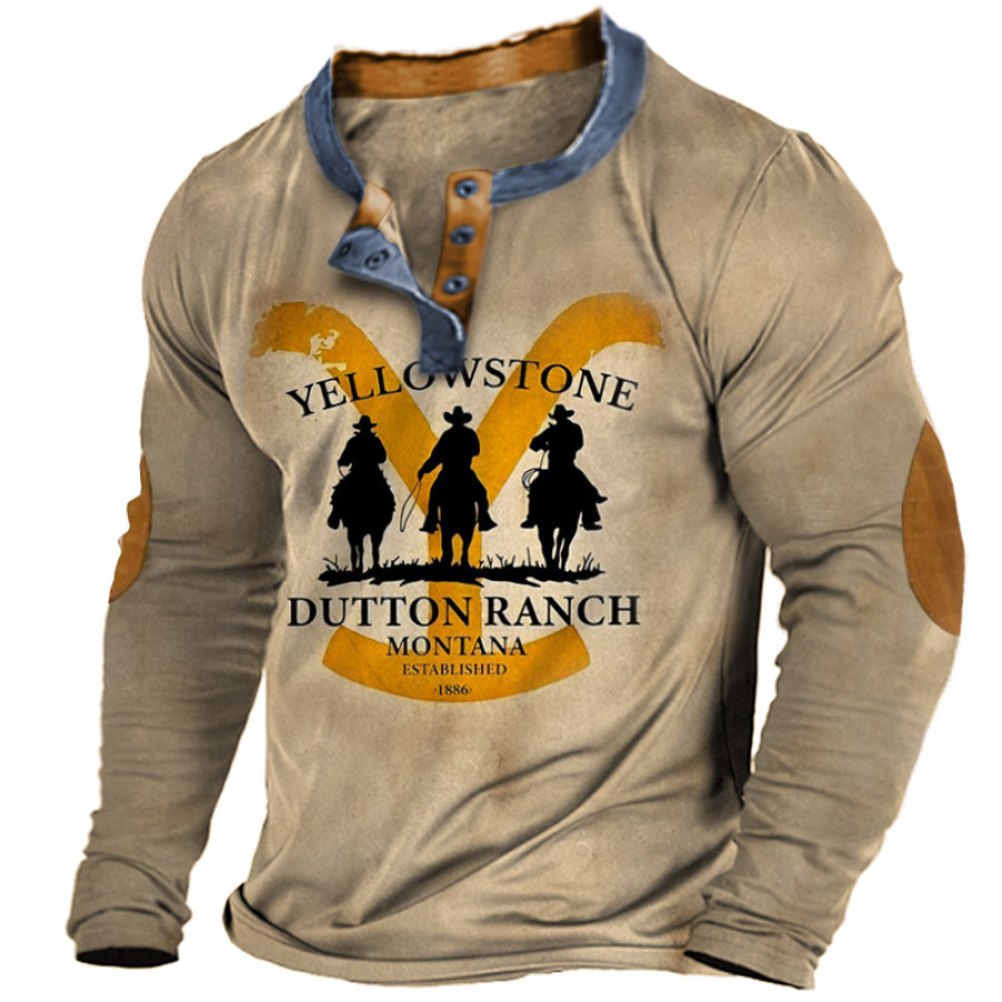 

T-shirt Décontracté à Manches Longues Henley Color Block Vintage Imprimé Yellowstone Pour Hommes