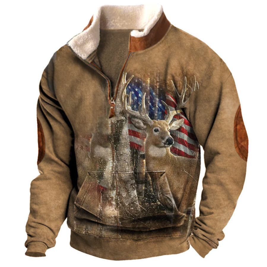 

Sudadera Con Cuello Semiabierto De Forro Polar Con Bloques De Colores Para Hombre Con Estampado Retro De Alces De La Selva Americana