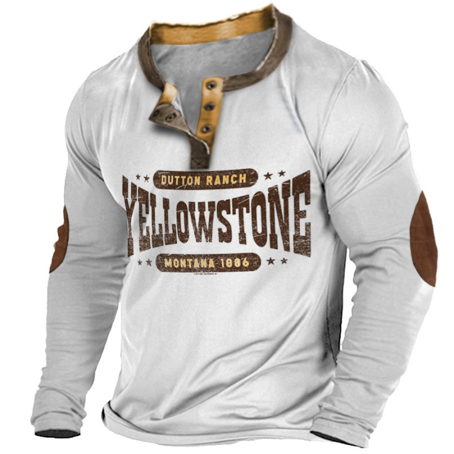 

Lässiges Langarm-T-Shirt Mit Henley-Farbblock Im Vintage-Yellowstone-Print Für Herren