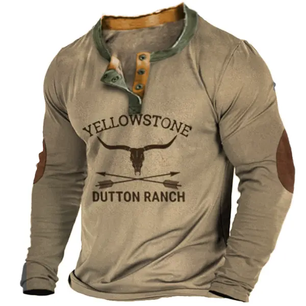 Men's Vintage Yellowstone Print Henley Color Block Casual Long Sleeve T-Shirt - Kalesafe.com 