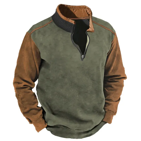 Men's Vintage Color Block Casual Half Open Collar Sweatshirt - Cotosen.com