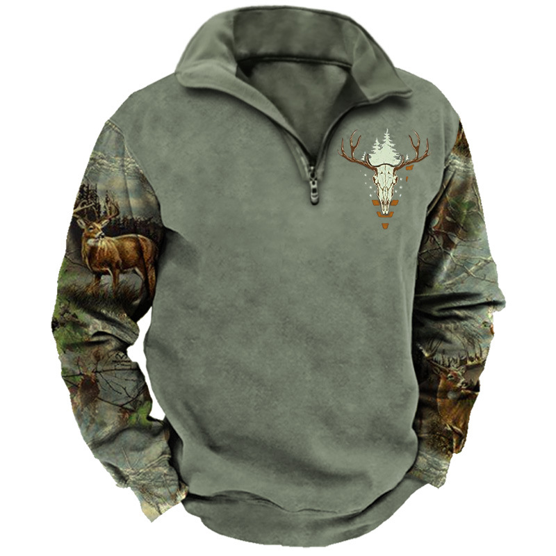 Men's Vintage Jungle Elk Print Lapel Casual Sweatshirt